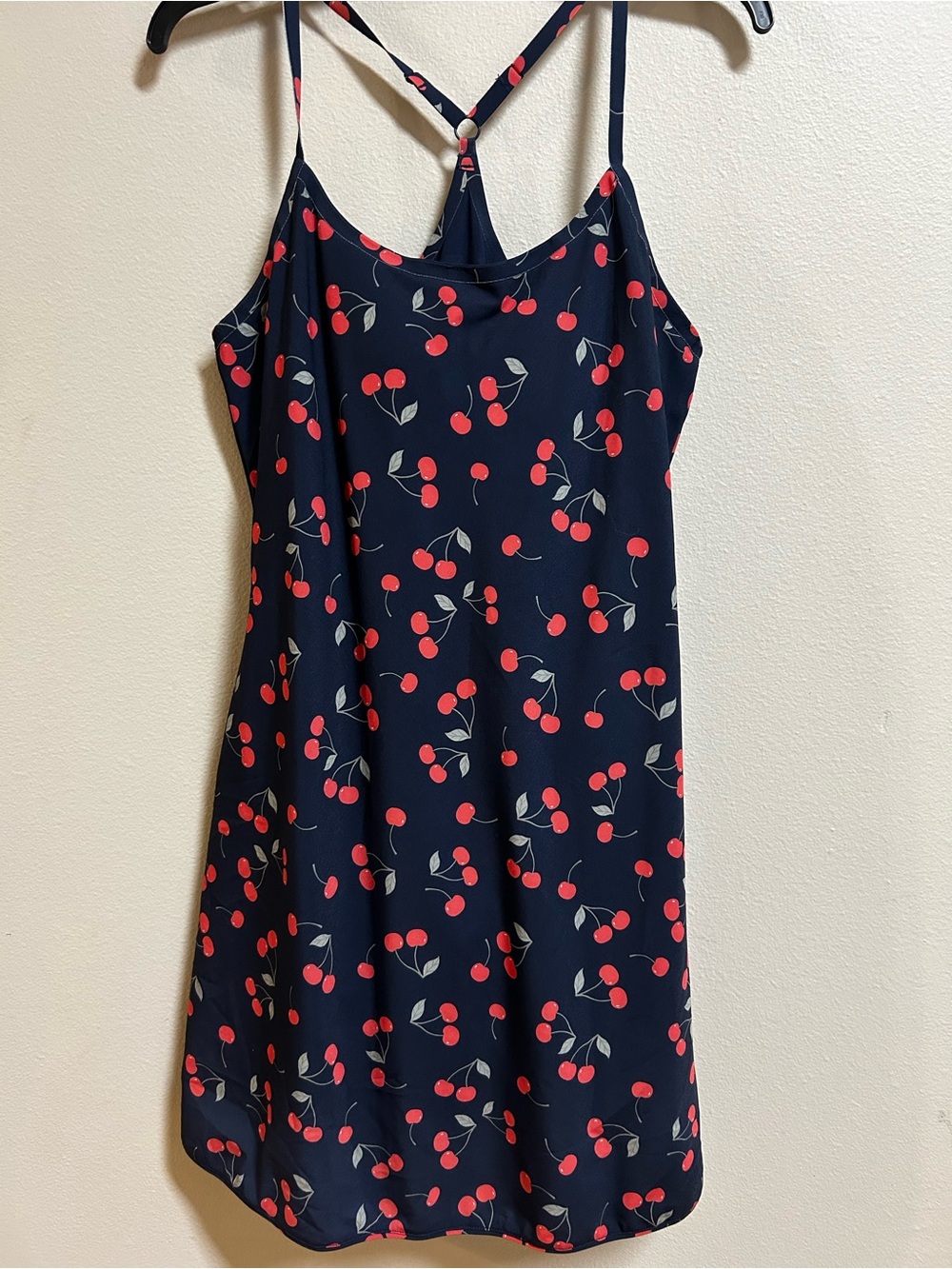 Outdoor Voices Exercise Dress Women L Navy Cherry Print Built In Shorts Racerbac
